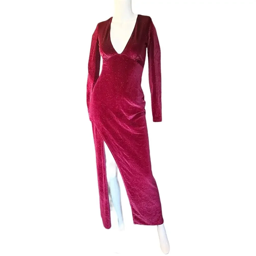 BERSHKA Velvet Dress Deep Red Gold Holiday Party Small Shimmer S - Picture 2 of 10